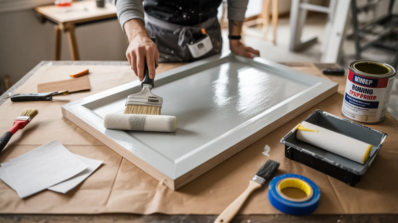 A person paints a wooden cabinet door white using a brush and roller on a workbench. Paint supplies are scattered, conveying a focused, creative atmosphere.