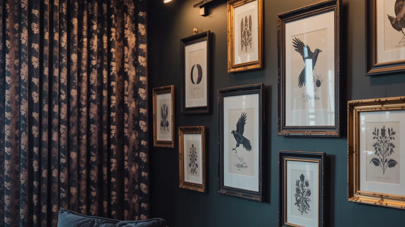 Framed botanical and bird illustrations on a dark wall create a moody, elegant atmosphere. The floral curtains and sofa add to the vintage charm.