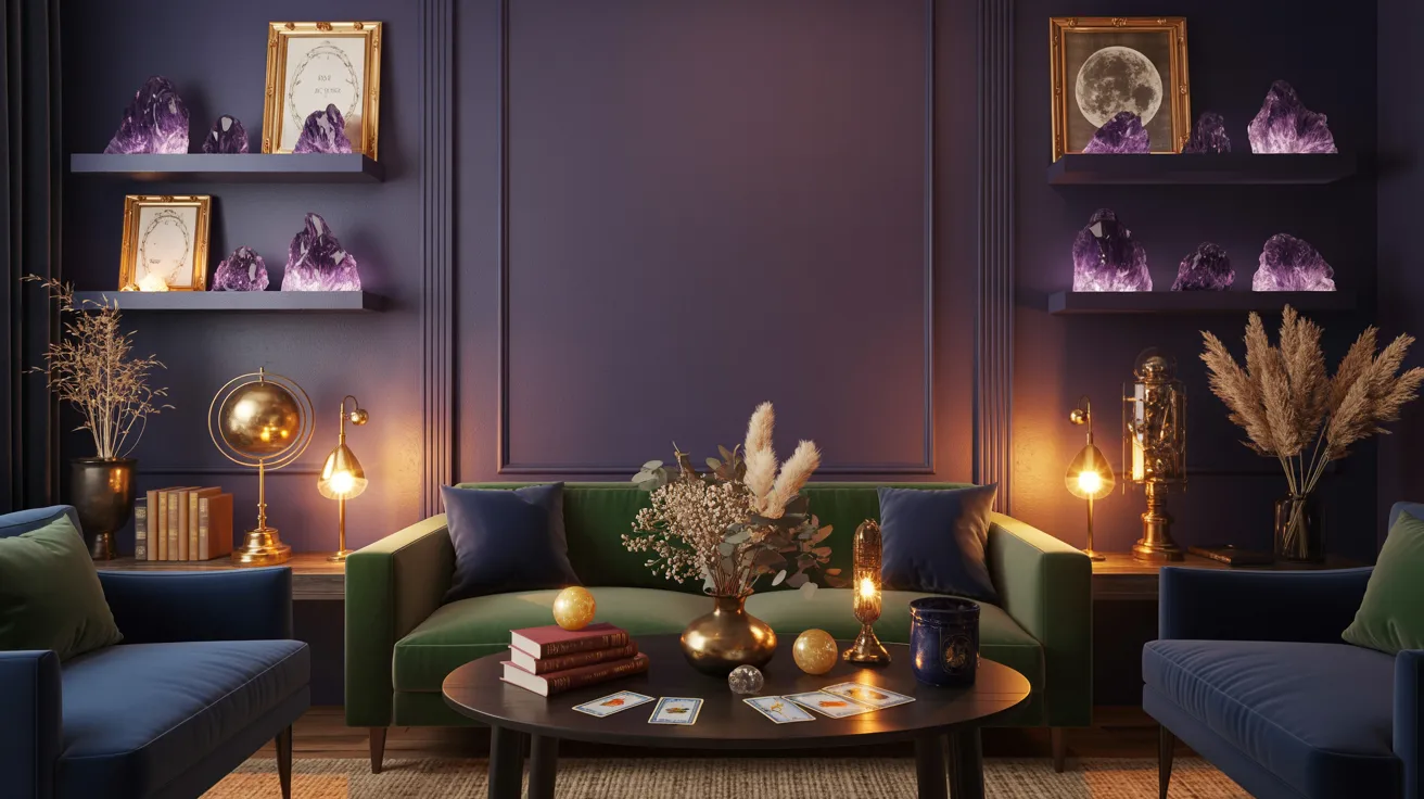 A cozy living room with dark blue walls features amethyst crystals on shelves. A green sofa and blue chairs surround a table with tarot cards and candles.
