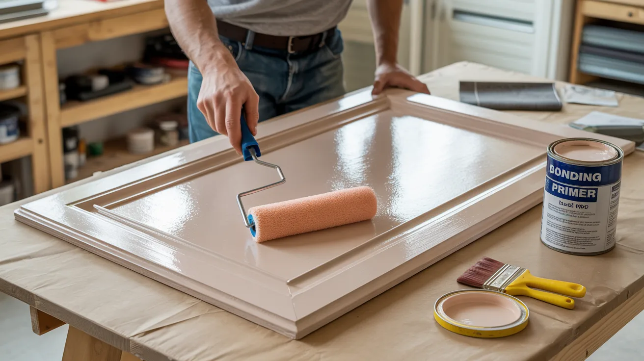 A person paints a cabinet door with a roller in a workshop, using bonding primer. Nearby are brushes and a container lid on a table. The scene is calm and focused.