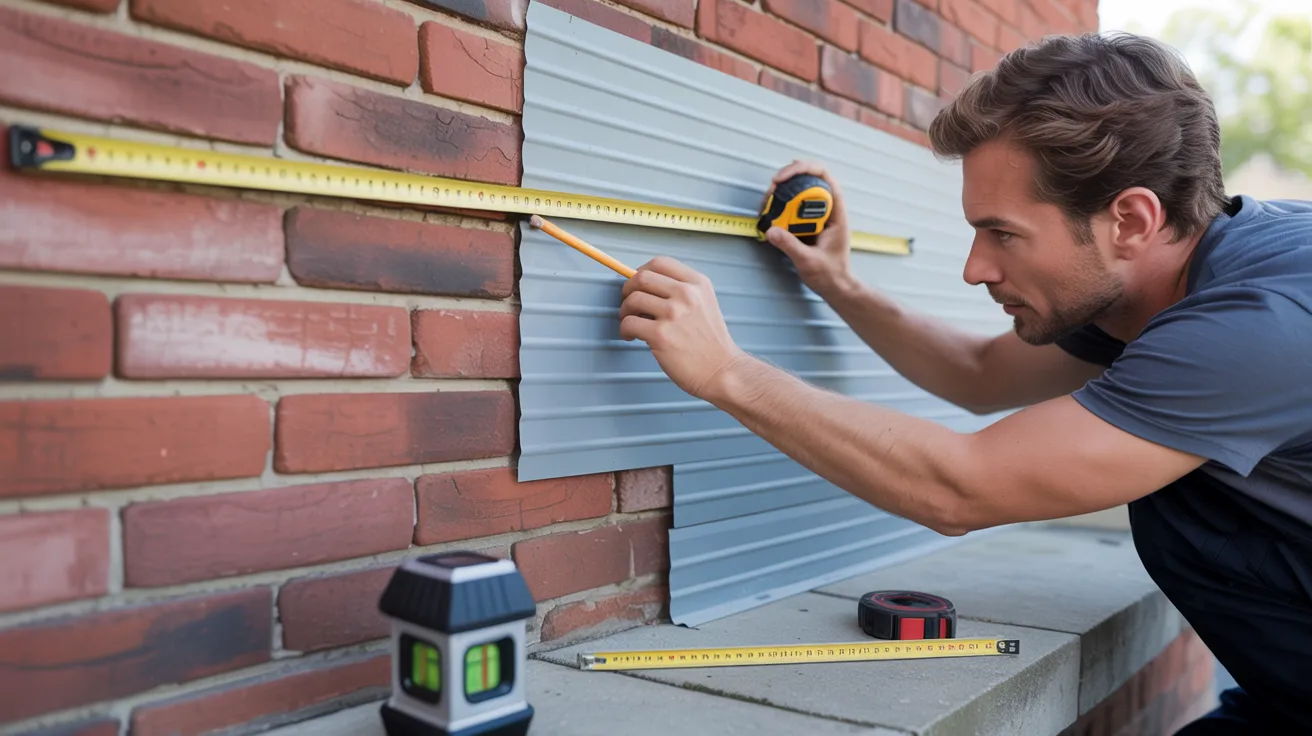 A man in a t-shirt measures a metal panel on a brick wall using a tape measure and pencil, focused on precision. Nearby are a laser level and another tape measure.