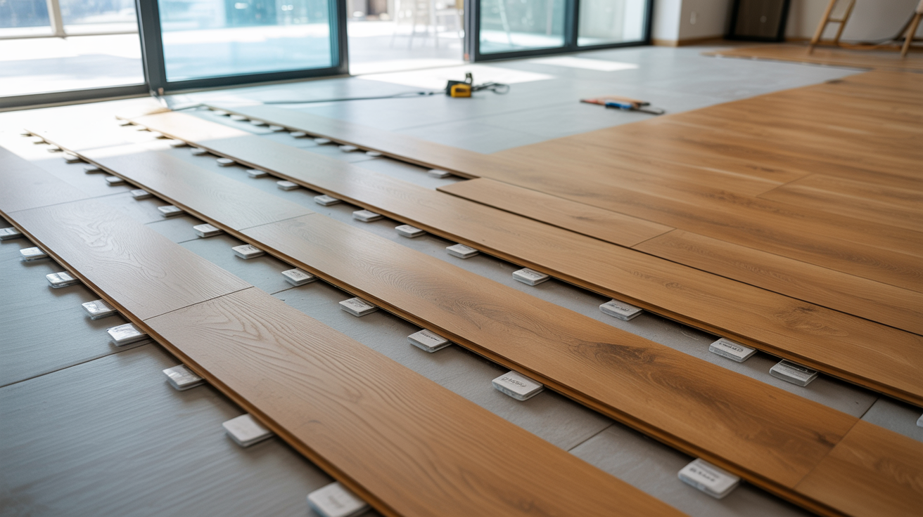 Wooden floor panels are being installed in a sunlit room with large windows. Tools and spacers are visible, conveying a sense of ongoing construction.