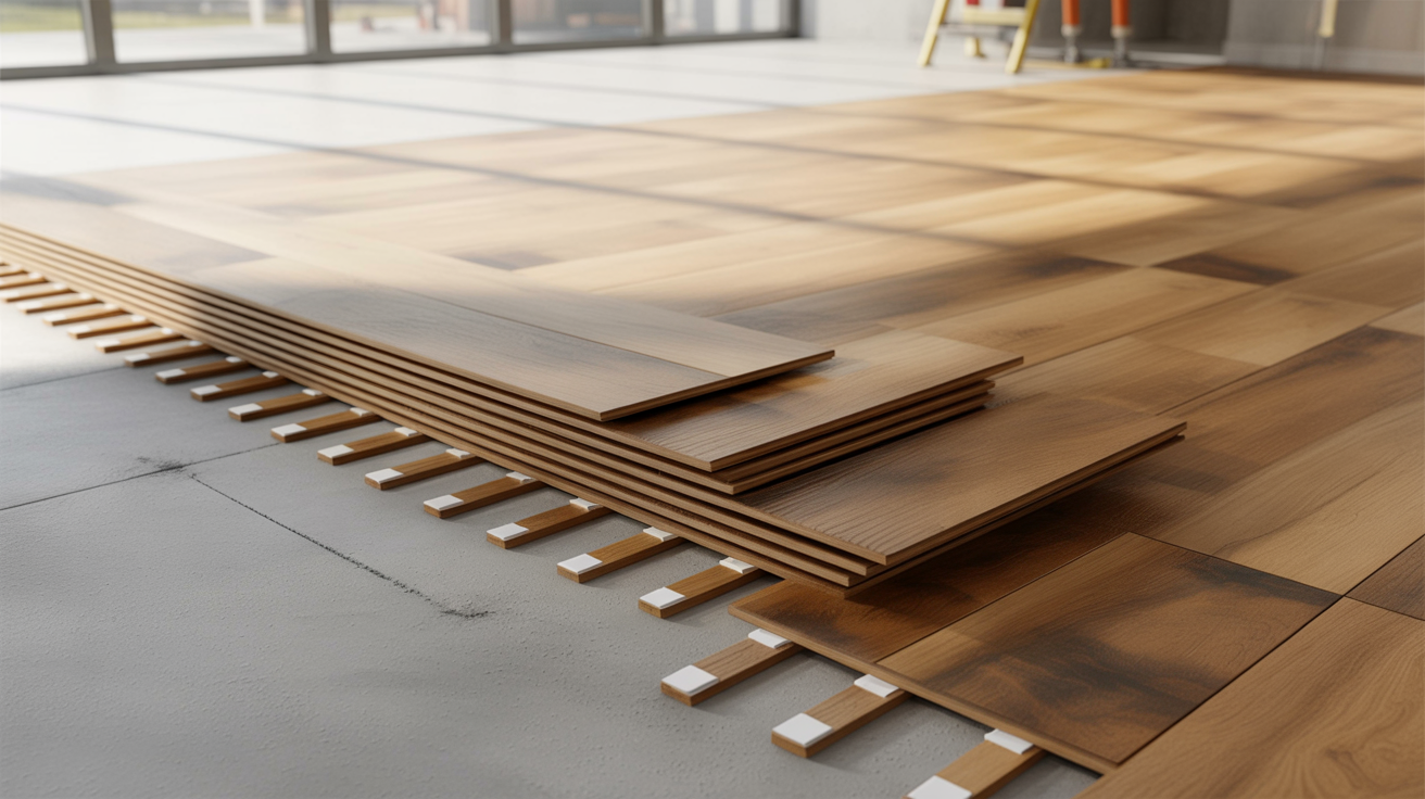 A stack of wooden floorboards is partially laid on a concrete surface, with sunlight streaming through large windows, creating a warm and inviting atmosphere.