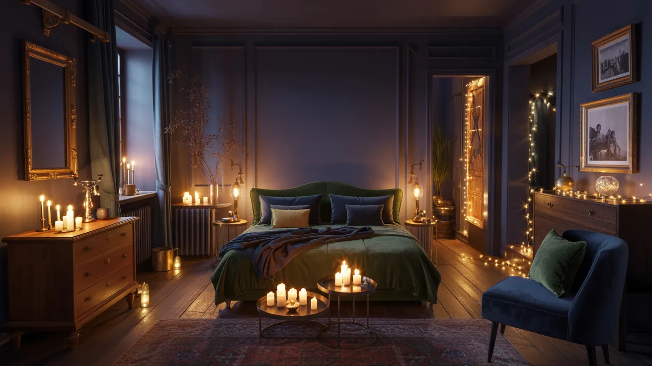 A cozy bedroom with a green bed, surrounded by lit candles creating a warm, inviting glow. Soft lighting, a plush chair, and elegant decor enhance the serene atmosphere.