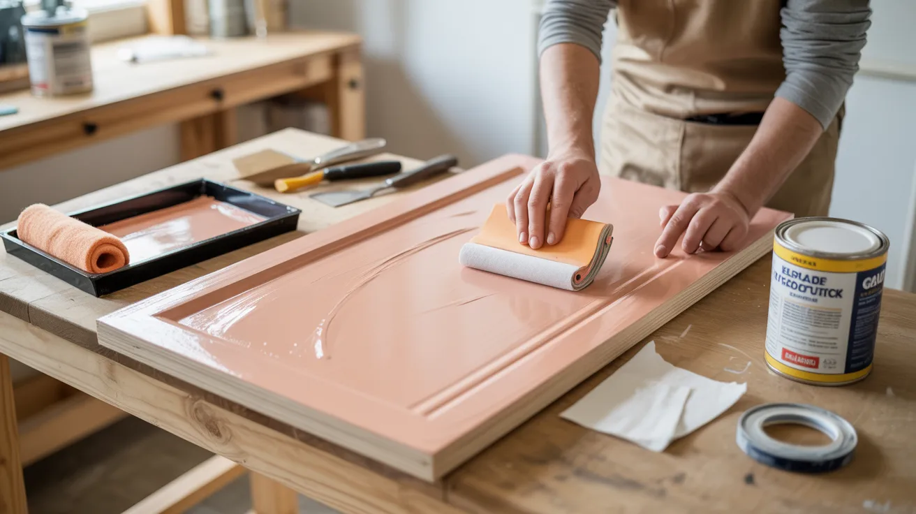 A person is painting a wooden cabinet door peach with a roller in a workshop. Nearby are a paint can, tray, brushes, and tape, creating a focused, DIY atmosphere.