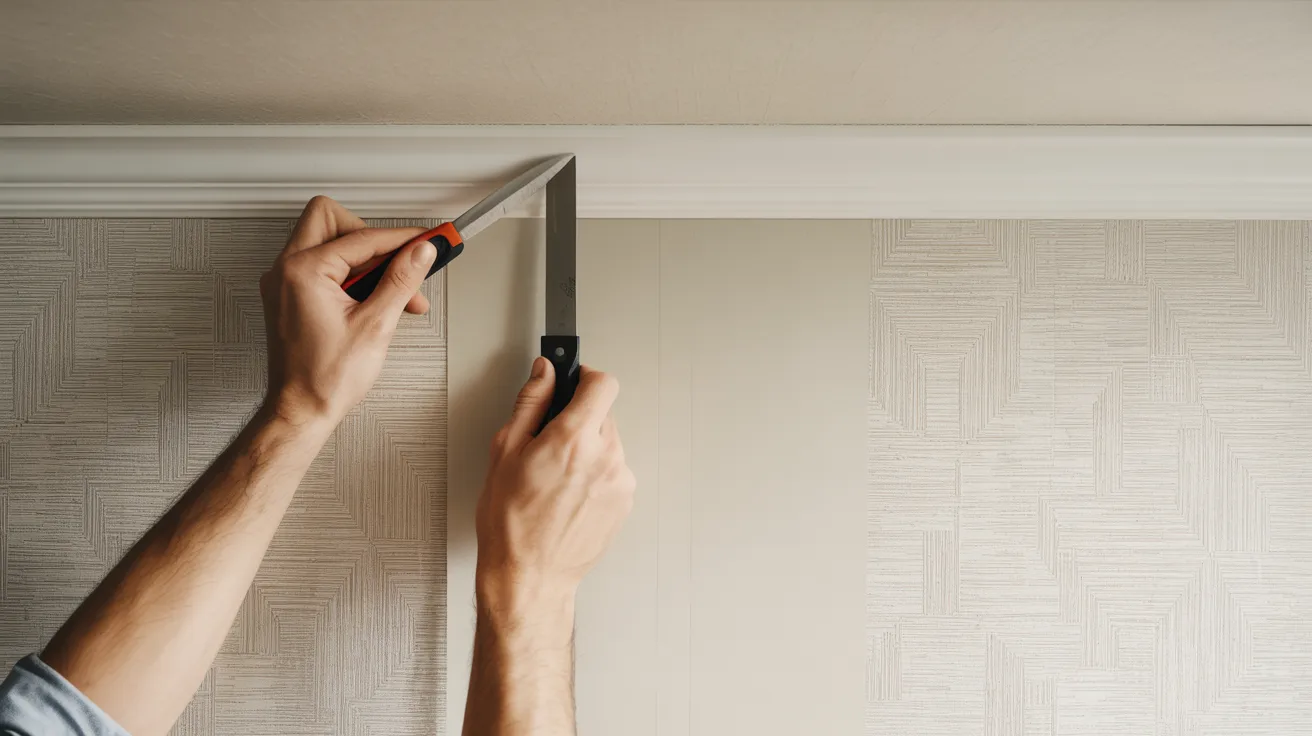 Two hands use a knife and a ruler to trim wallpaper at a ceiling edge. The wallpaper has a subtle geometric pattern, conveying a DIY home improvement theme.