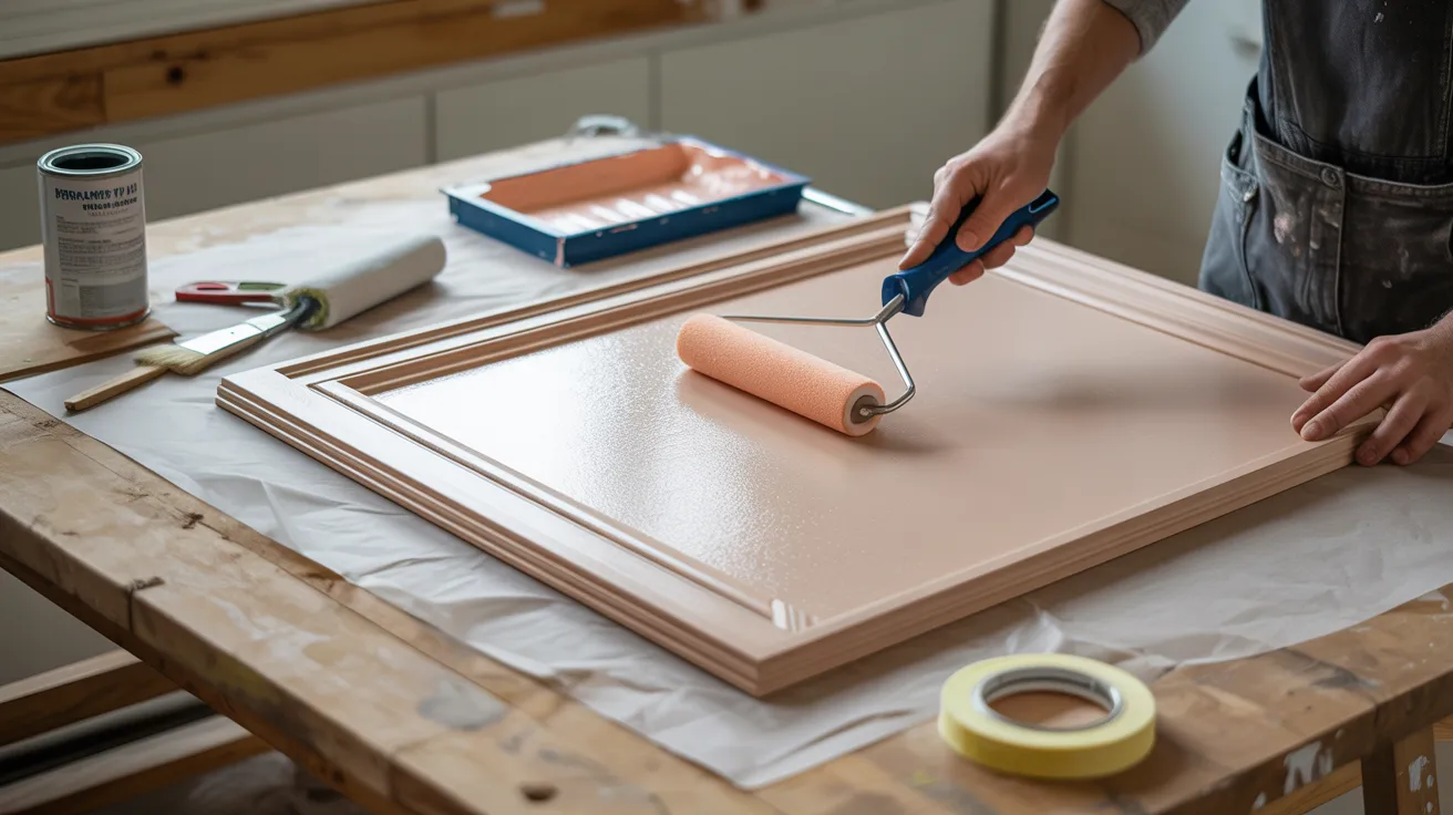 A person paints a wooden cabinet door with a pink roller on a workbench. Nearby are a paint can, brushes, and masking tape, conveying a DIY project mood.