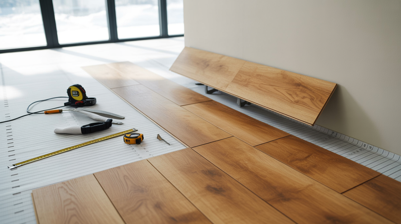Wood flooring installation scene with panels being laid out. Tools like a tape measure and pencil are visible, sunlight streams through nearby windows.