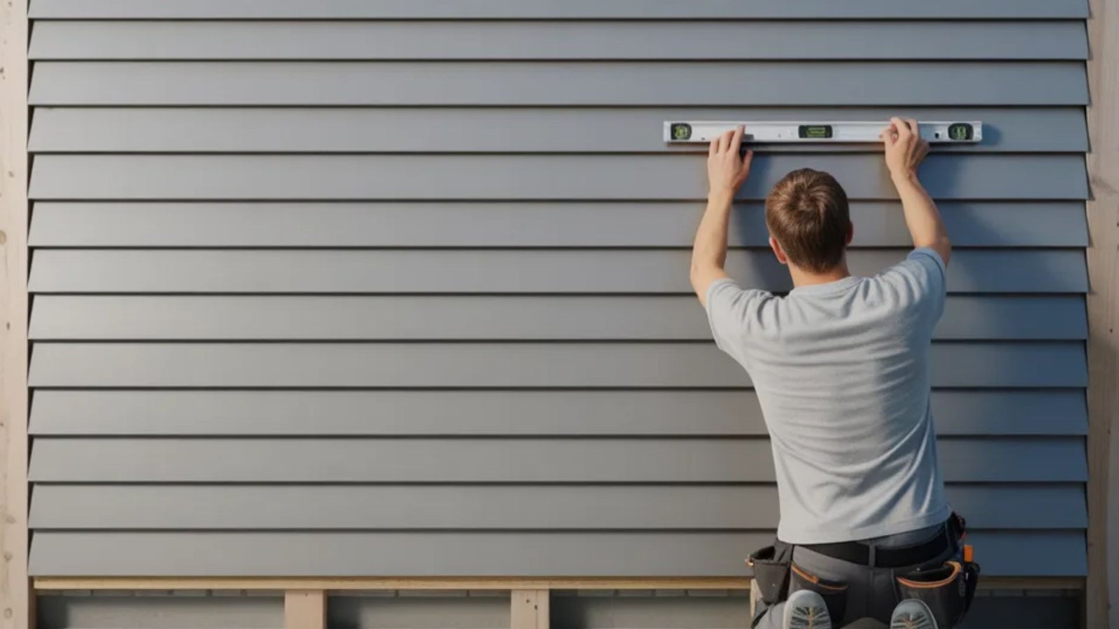 A person wearing a tool belt uses a level to align gray horizontal siding panels on a wall, focusing intently. The scene conveys precision and craftsmanship.