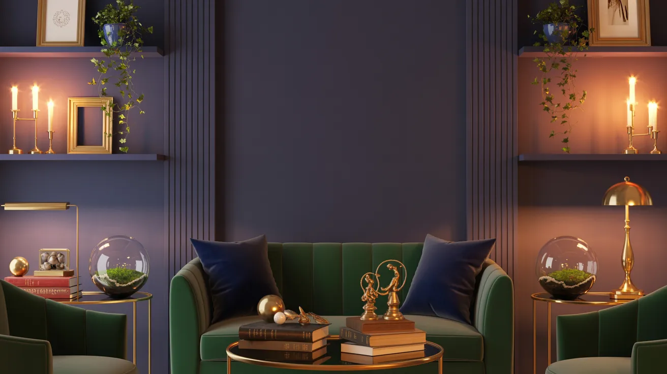 Elegant living room with a green sofa, blue cushions, and a dark wall. Shelves hold candles, plants, and frames, creating a warm, inviting atmosphere.