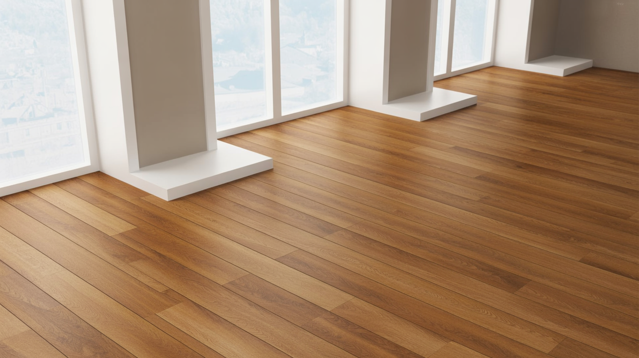 Sunlit minimalist room with large windows and light brown wooden flooring. The bright, open atmosphere conveys a sense of warmth and spaciousness.