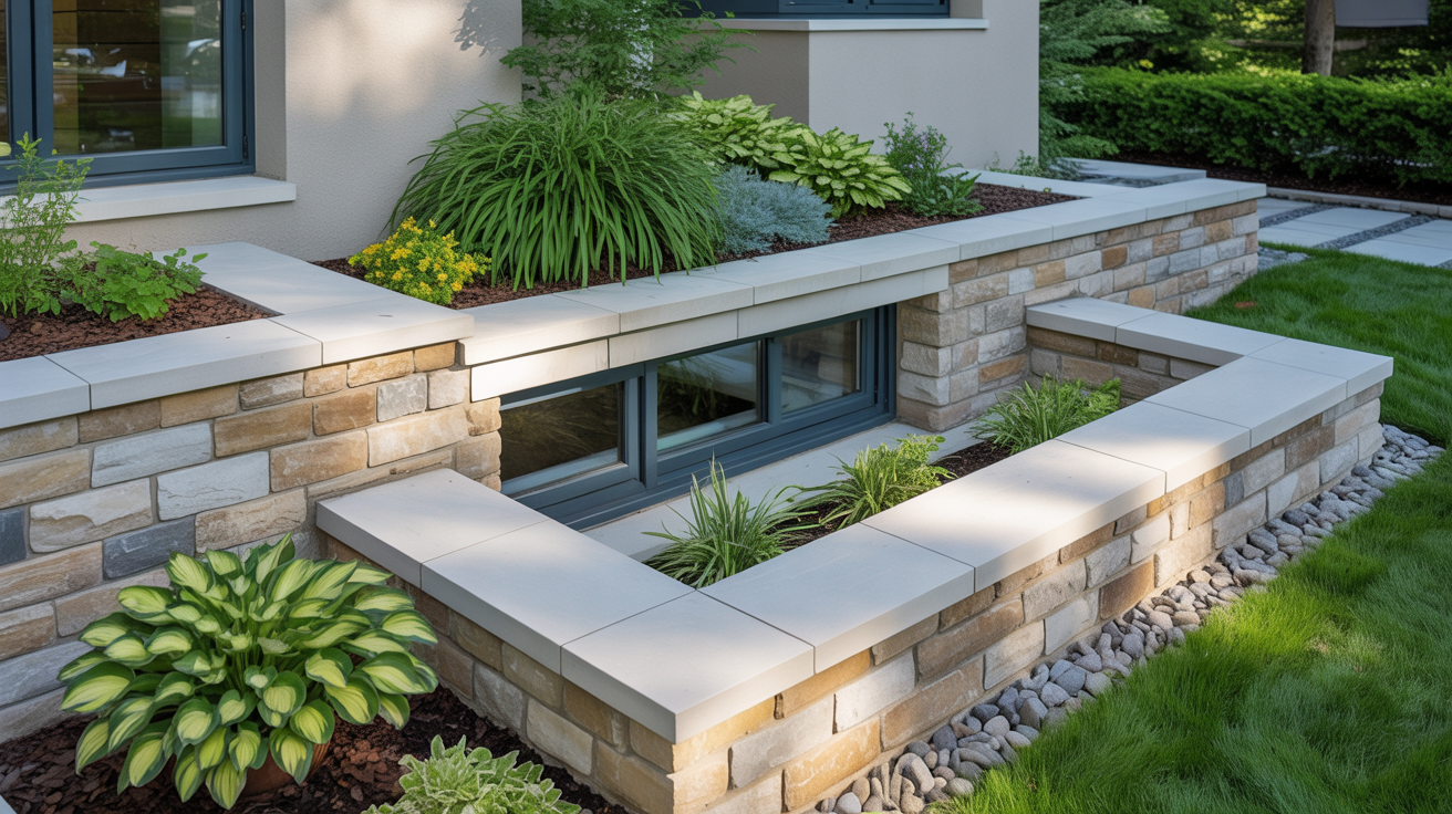 A modern garden features a stone retaining wall with lush green plants and decorative rocks, adjacent to a house window, creating a serene outdoor space.