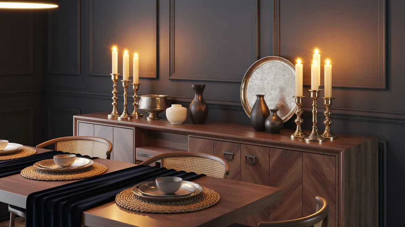 Warm dining room with lit candles on a wood buffet, dark walls, elegant place settings on rattan mats, and a cozy, ambient glow.