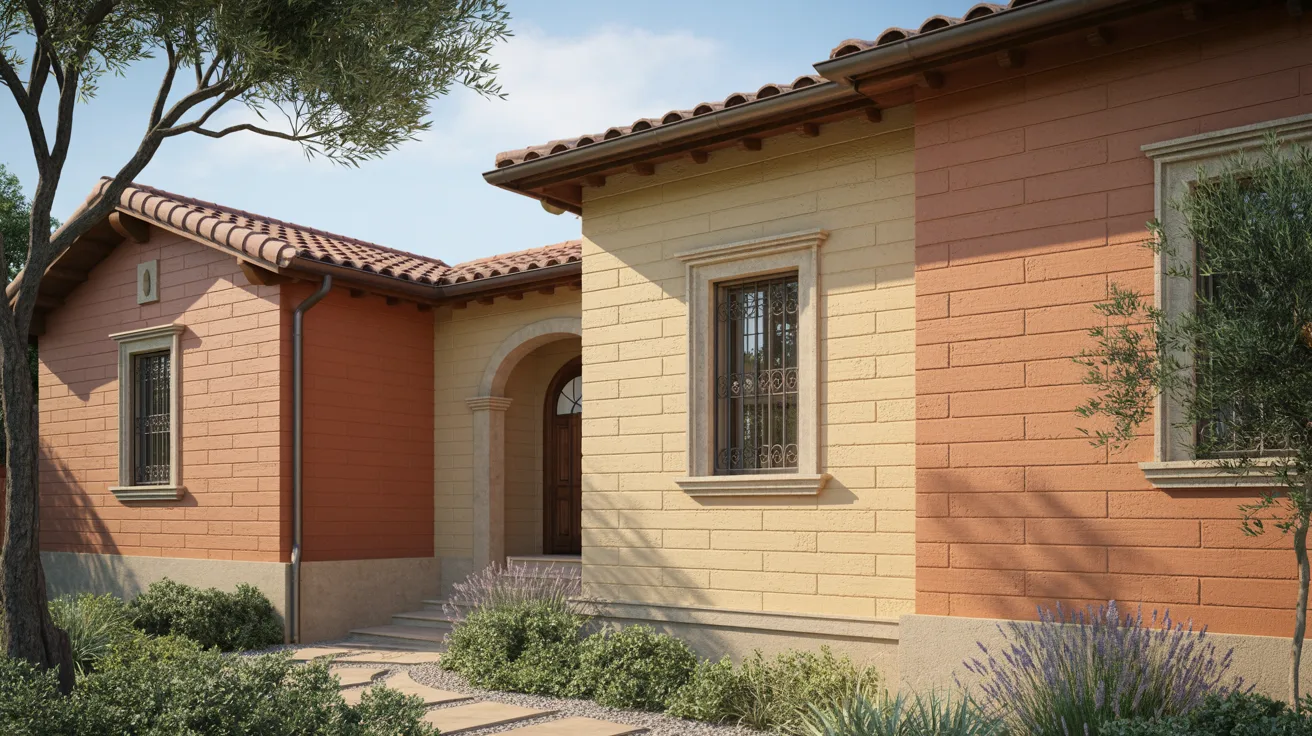A Mediterranean-style house with terracotta roof tiles and two-toned orange and beige stucco walls. Surrounded by green shrubs, it feels warm and inviting.
