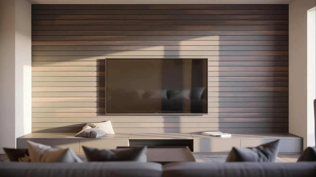 Modern living room with a sleek, wall-mounted TV on a wood-paneled wall. Sunlight casts soft shadows. Minimalist furniture and cushions create a cozy vibe.
