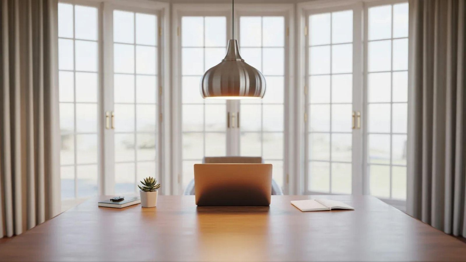 A minimalist home office with a wooden desk featuring a laptop, a small potted plant, and an open notebook. Large windows and a dome light create a calm, bright atmosphere.