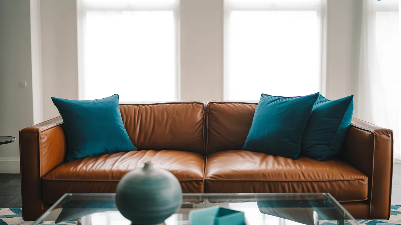 A modern living room features a brown leather sofa with four teal cushions. The room is bright, with light streaming through three large windows behind.