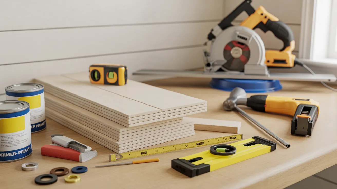 A tidy workshop table with stacked wooden boards, cans of primer, a tape measure, level, hammer, nails, utility knife, and a circular saw, conveying readiness for a project.