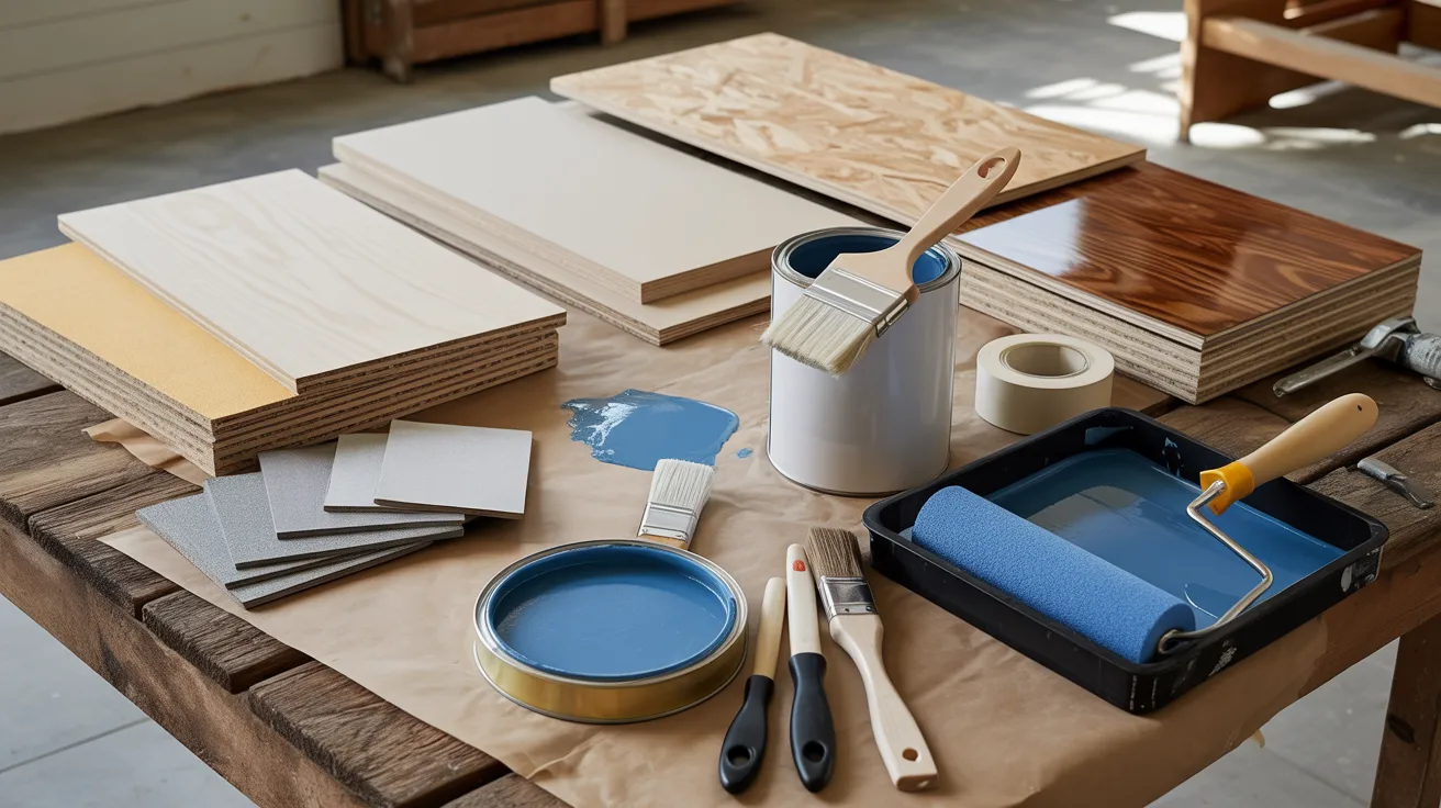 Wooden boards, sandpaper, and paint supplies lie on a table. Brushes, a roller, and a paint can with blue paint convey a DIY project in progress.