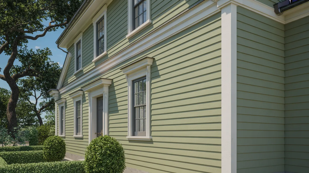 A charming house exterior features light green horizontal siding and white trim. Neatly trimmed hedges and trees surround the building on a sunny day.