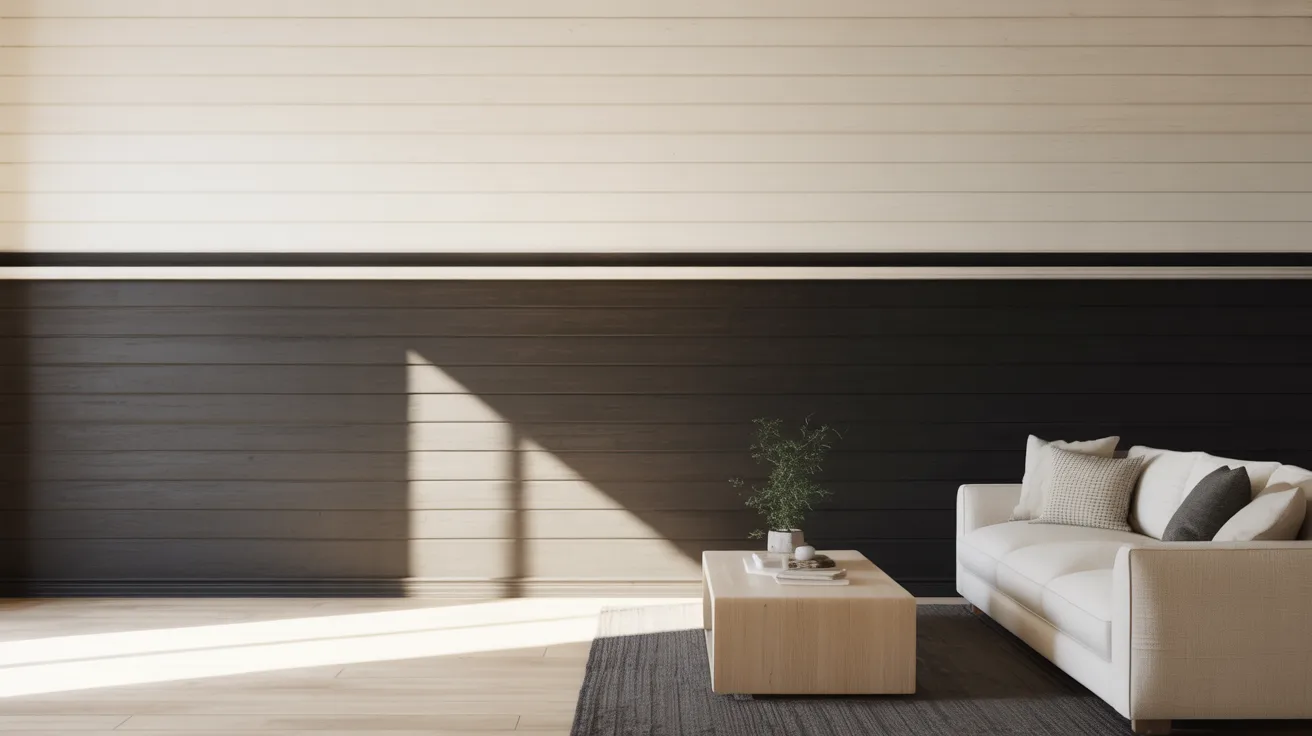 Modern living room with a minimalist design, featuring a white sofa with neutral pillows, a light wood coffee table, and a dark wood accent wall. Sunlight creates geometric shadows on the floor, adding warmth.