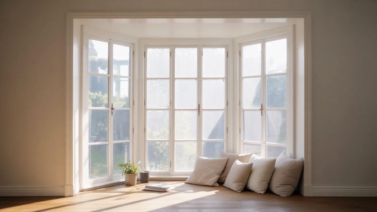 A sunlit bay window with white frames, adorned with plush cushions, a plant, and a book. The soft light creates a serene and cozy ambience.