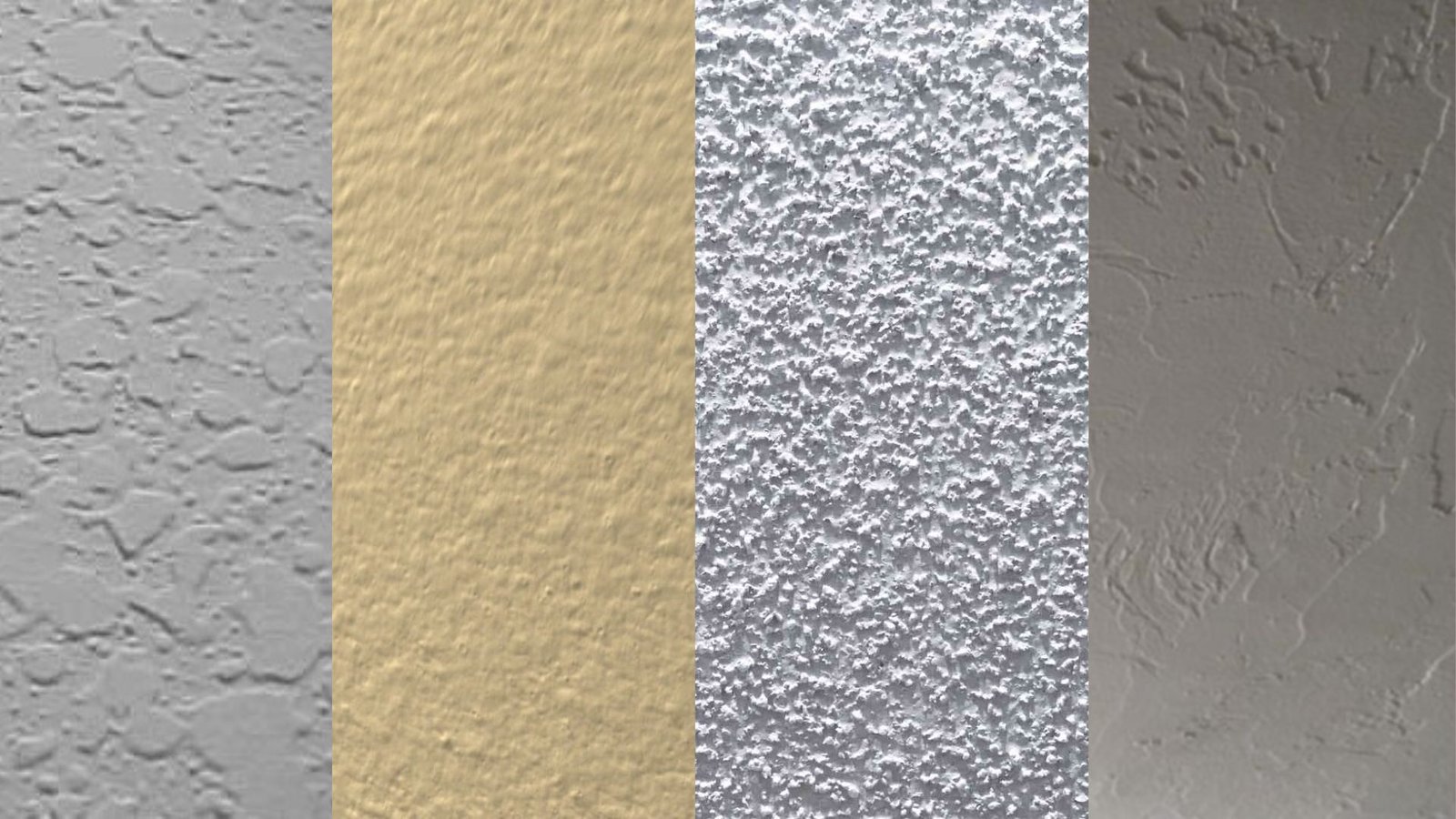 Four vertical panels showing different textured wall finishes: light grey with large bumps, smooth beige, rough white, and mottled dark grey.