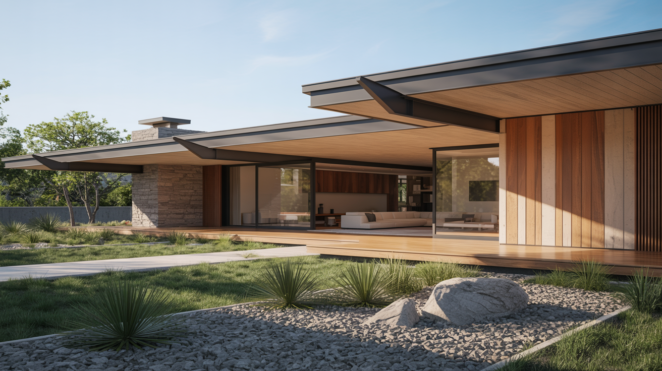 Modern home with flat roof and large glass windows, surrounded by minimalist landscaping. Sunlit wooden panels and natural stone evoke a serene, open atmosphere.