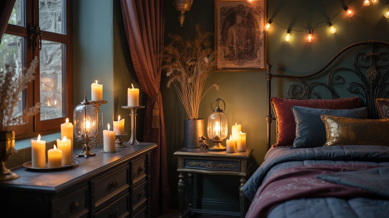 Cozy bedroom with warm lighting, featuring numerous lit candles on a dresser and bedside table. The bed is adorned with plush pillows, and string lights hang above. The atmosphere is tranquil and inviting.