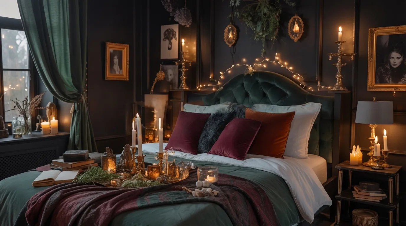 Cozy bedroom with dark walls, green curtains, and candlelit ambiance. A bed with velvet pillows, fairy lights, books, and framed portraits enhance the vintage mood.