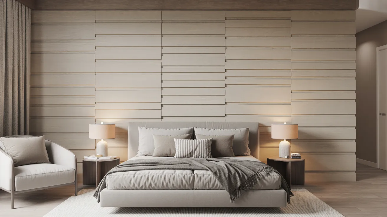 A modern bedroom featuring a beige accent wall with horizontal panels, a plush bed with multiple pillows, flanked by two lit lamps on side tables, and an armchair.