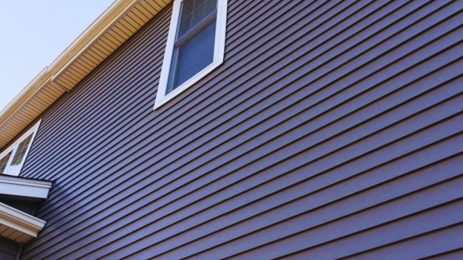 Exterior of a house with navy blue vinyl siding, featuring horizontal lines and a single window with white trim. The roofline is visible with beige eaves.