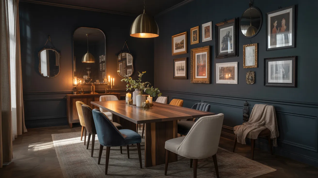 Elegant dining room with dark walls adorned with framed art and mirrors. A wooden table is surrounded by colorful chairs, lit by a pendant lamp. Candles enhance the cozy ambiance.