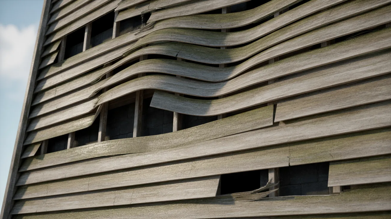 A wooden building facade with warped, wavy panels, creating an uneven texture. The weathered wood suggests aging, while the sky is clear and blue.