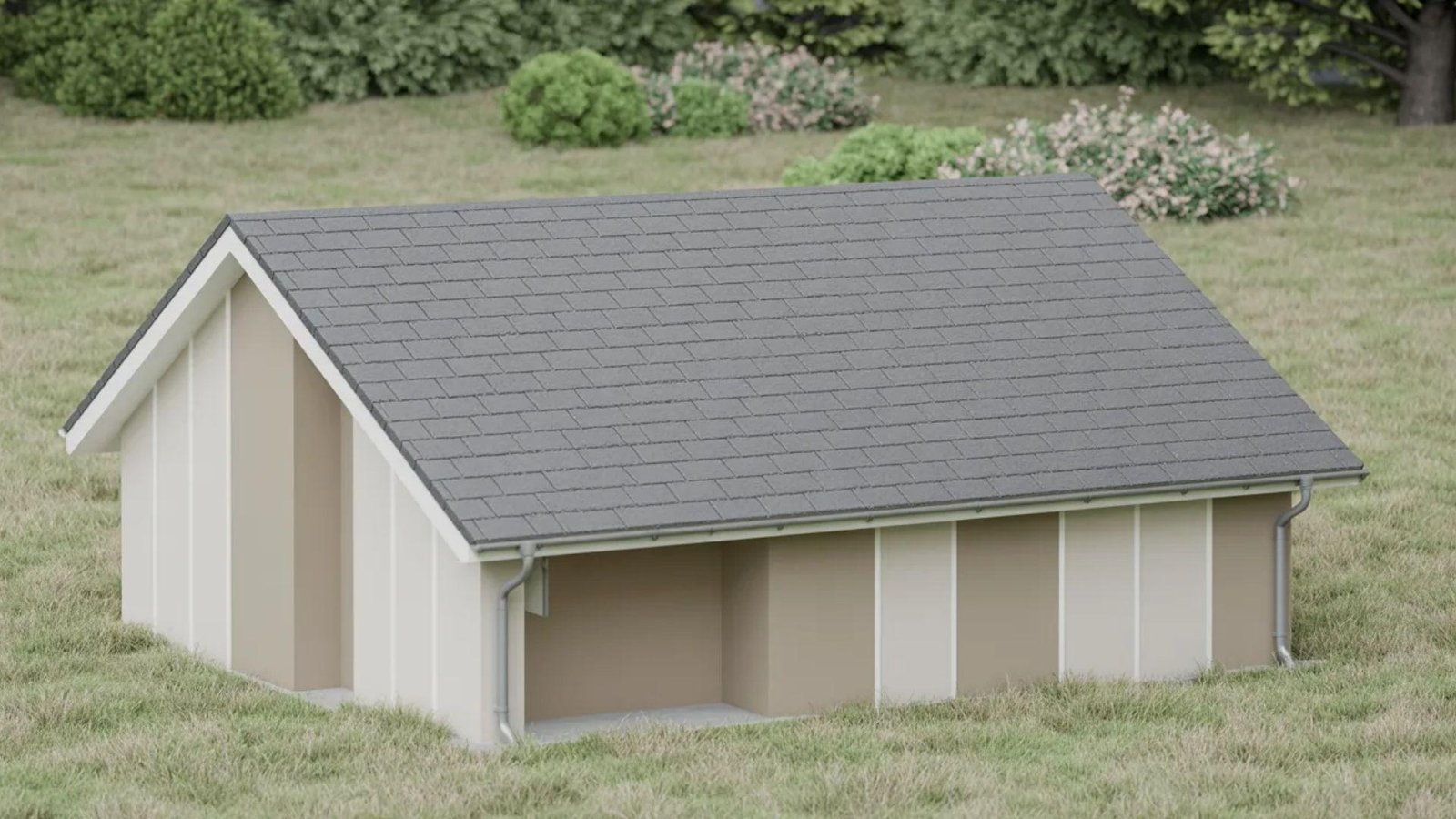A small dog house featuring a sloped roof and a front door, designed for a pet's shelter and comfort.
