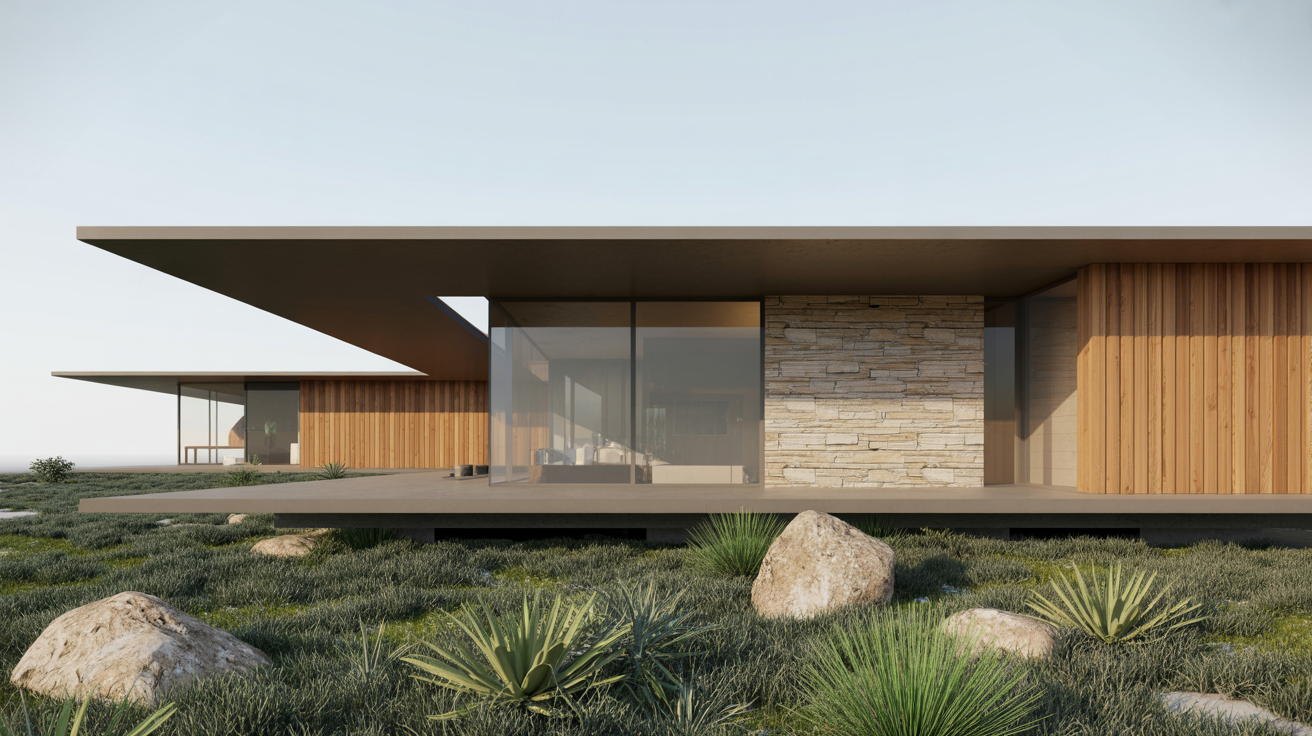 Modern house with flat roof, wood, and stone walls. Large glass windows reflect the sky. Surrounded by rocks, grass, and small desert plants. Sleek and serene.