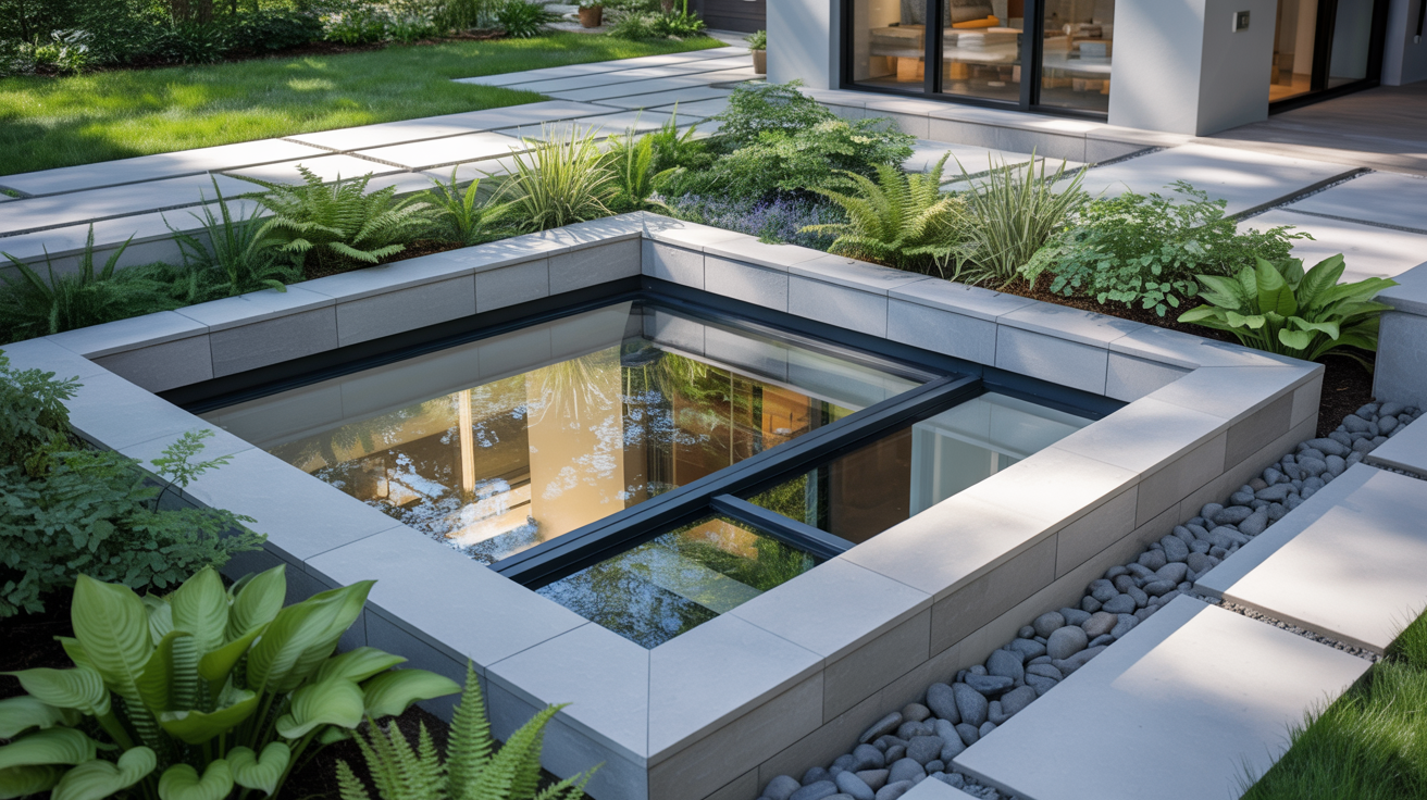 Modern backyard with a sunken skylight surrounded by lush green ferns and plants. Smooth stone tiles and pebble paths create a sleek, serene atmosphere.
