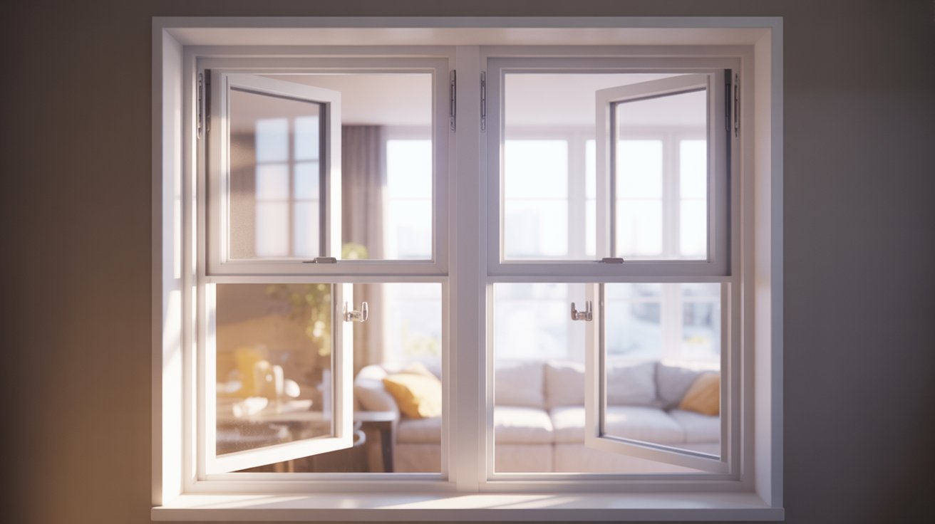 A white-framed window beside a cozy couch in a well-lit room, creating a welcoming atmosphere.