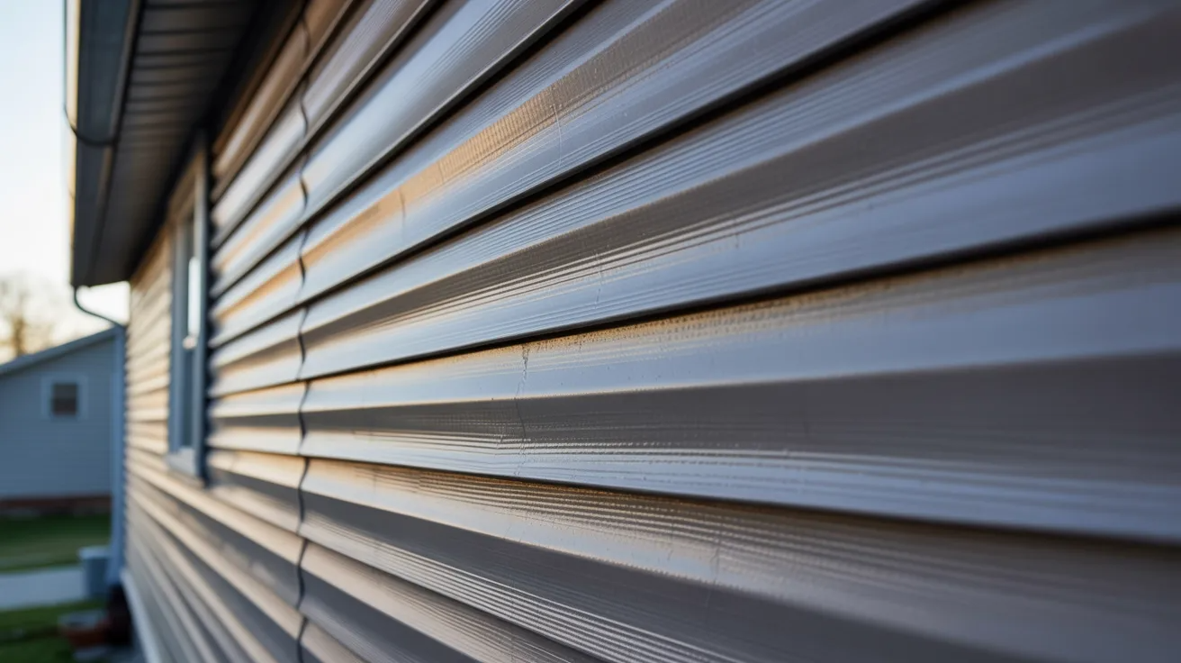 Close-up of beige vinyl siding on a house, with light and shadows highlighting its textured panels. The perspective adds depth and a modern feel.