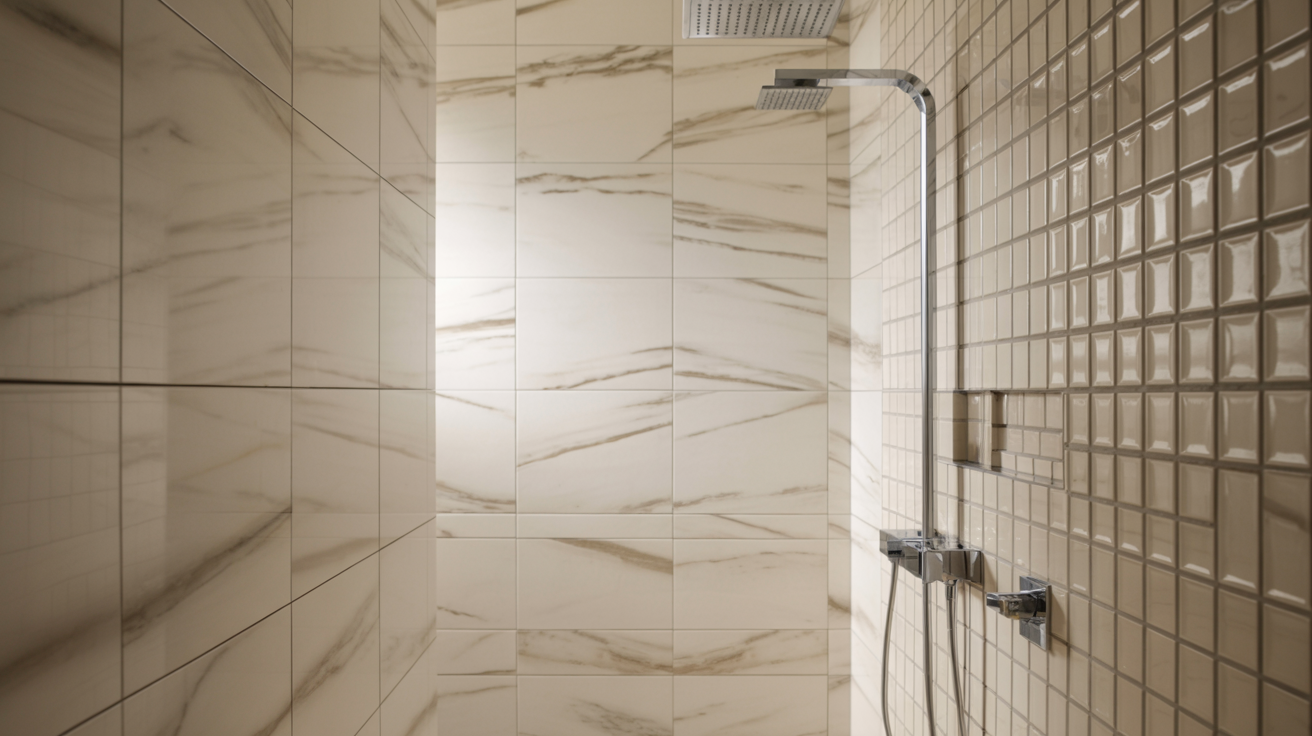 Luxurious shower with beige marble-patterned tiles, featuring a square rainfall showerhead and grid-style wall tiles. Clean and modern design.