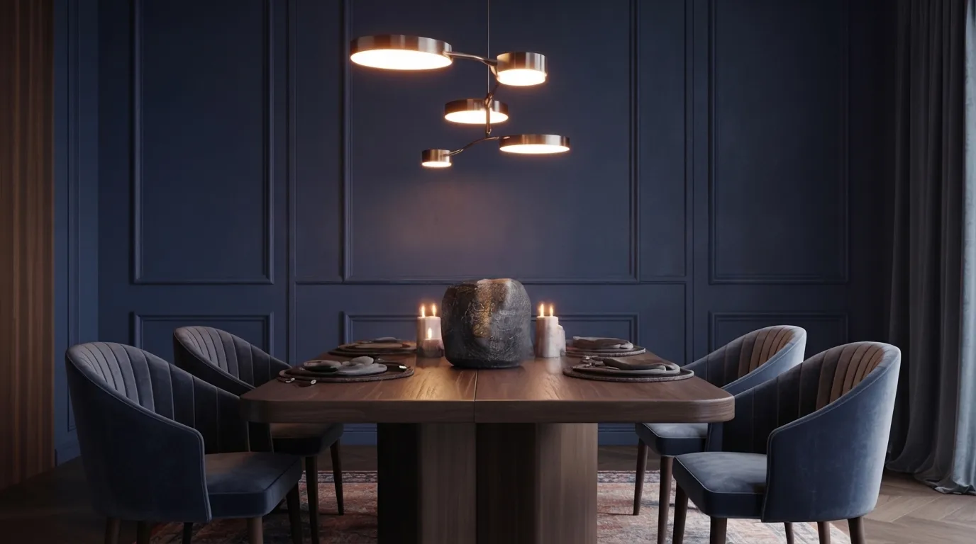 A modern dining room with a dark wood table set for six, surrounded by plush blue chairs. Above, a sleek, multi-light chandelier casts a warm glow. Elegant and cozy ambiance.