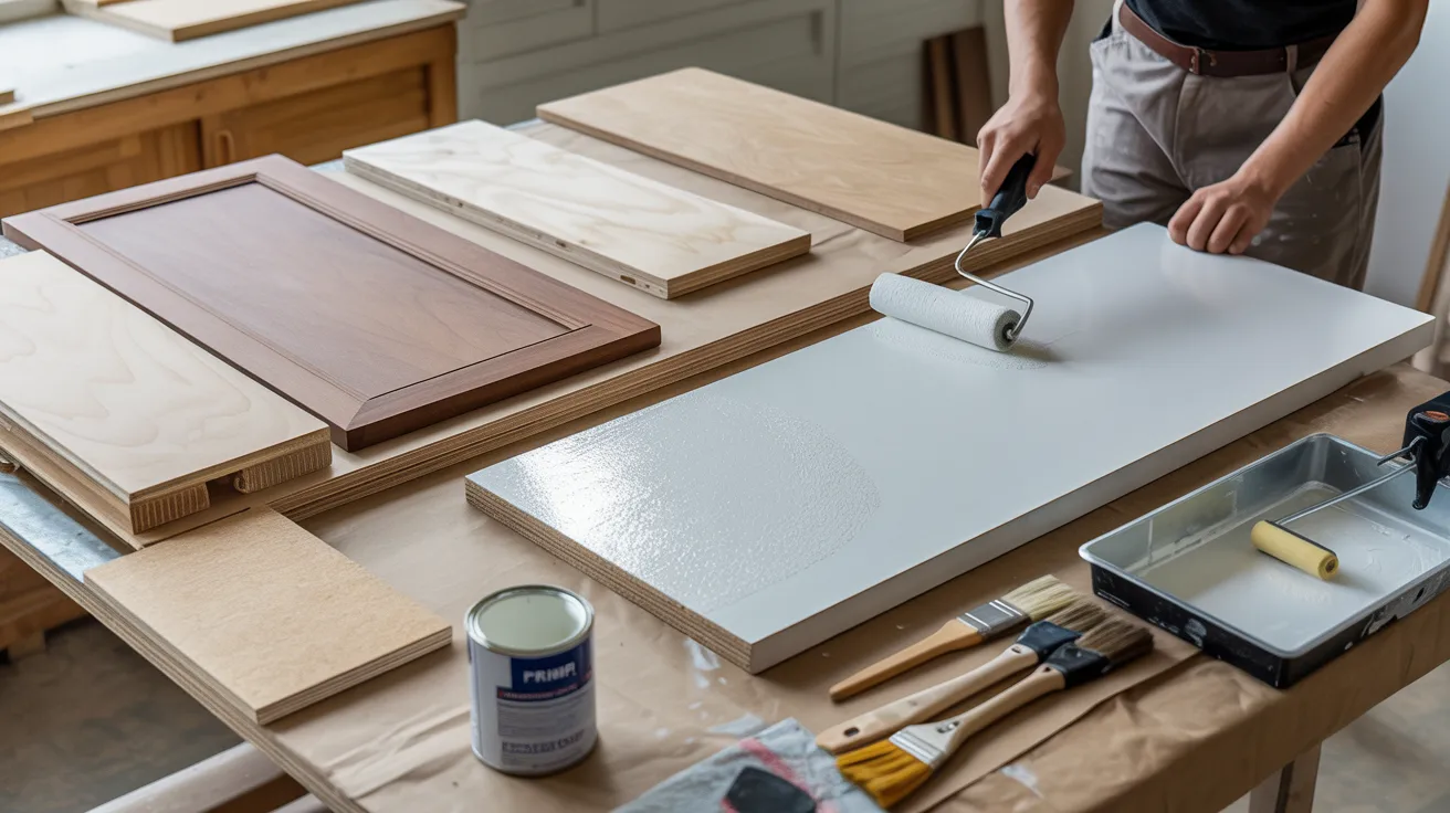 A person paints a wooden panel white using a roller on a workbench with various wooden pieces, brushes, and a paint can, conveying a DIY project atmosphere.