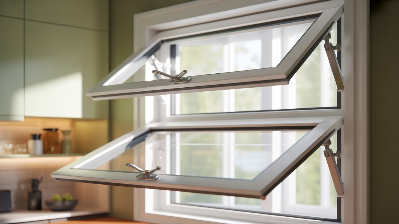 A kitchen window featuring a wooden frame and clear glass, allowing natural light to enter the room.
