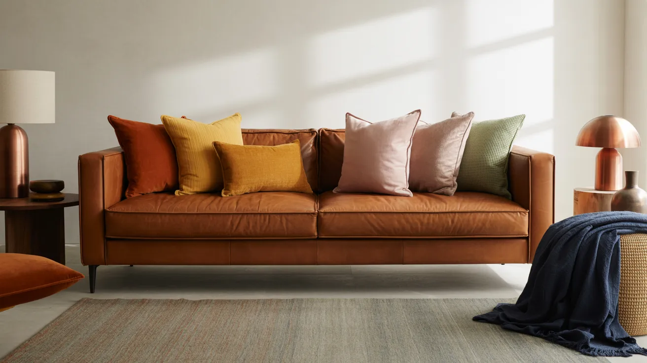 A cozy living room features a brown leather sofa adorned with colorful pillows. Warm sunlight filters in, creating a peaceful and inviting atmosphere.