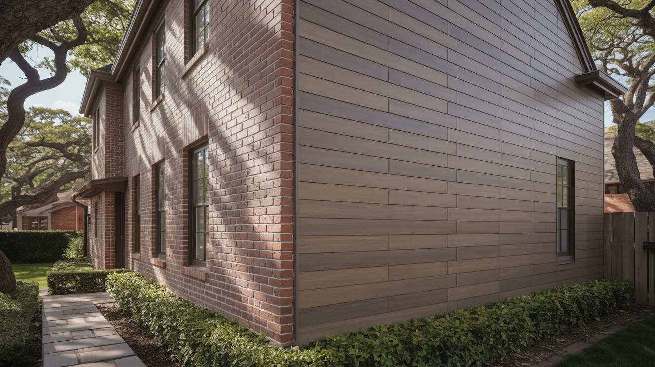 Traditional two-story brick house with modern wood-like siding. Sunlight filters through large trees, creating dappled shadows on the walkway and walls.