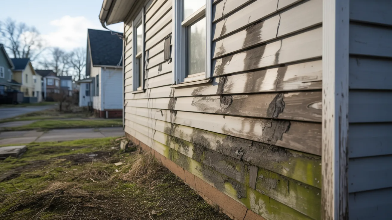 A weathered house exterior shows peeling paint and green moss on damaged siding. The suburban street and overcast sky evoke neglect and decay.