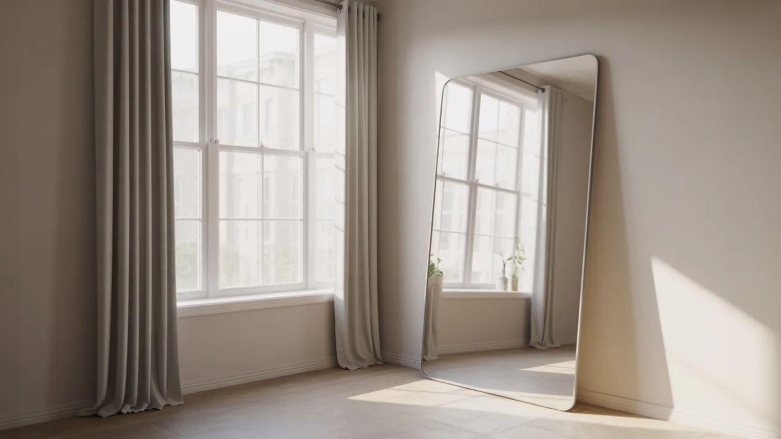 Minimalist room with large, tall mirror leaning against the wall. Soft natural light filters through large windows with gray curtains, creating a serene ambiance.