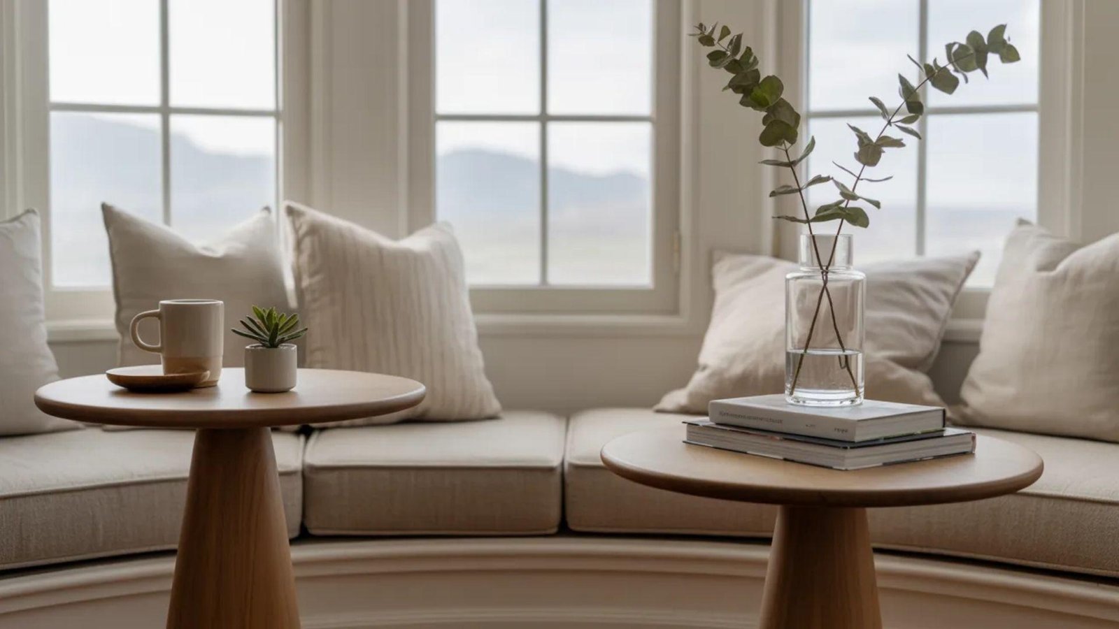 Cozy seating area with beige cushions by large windows and a mountainous view. Two round wooden tables hold a coffee cup, plant, books, and vase.
