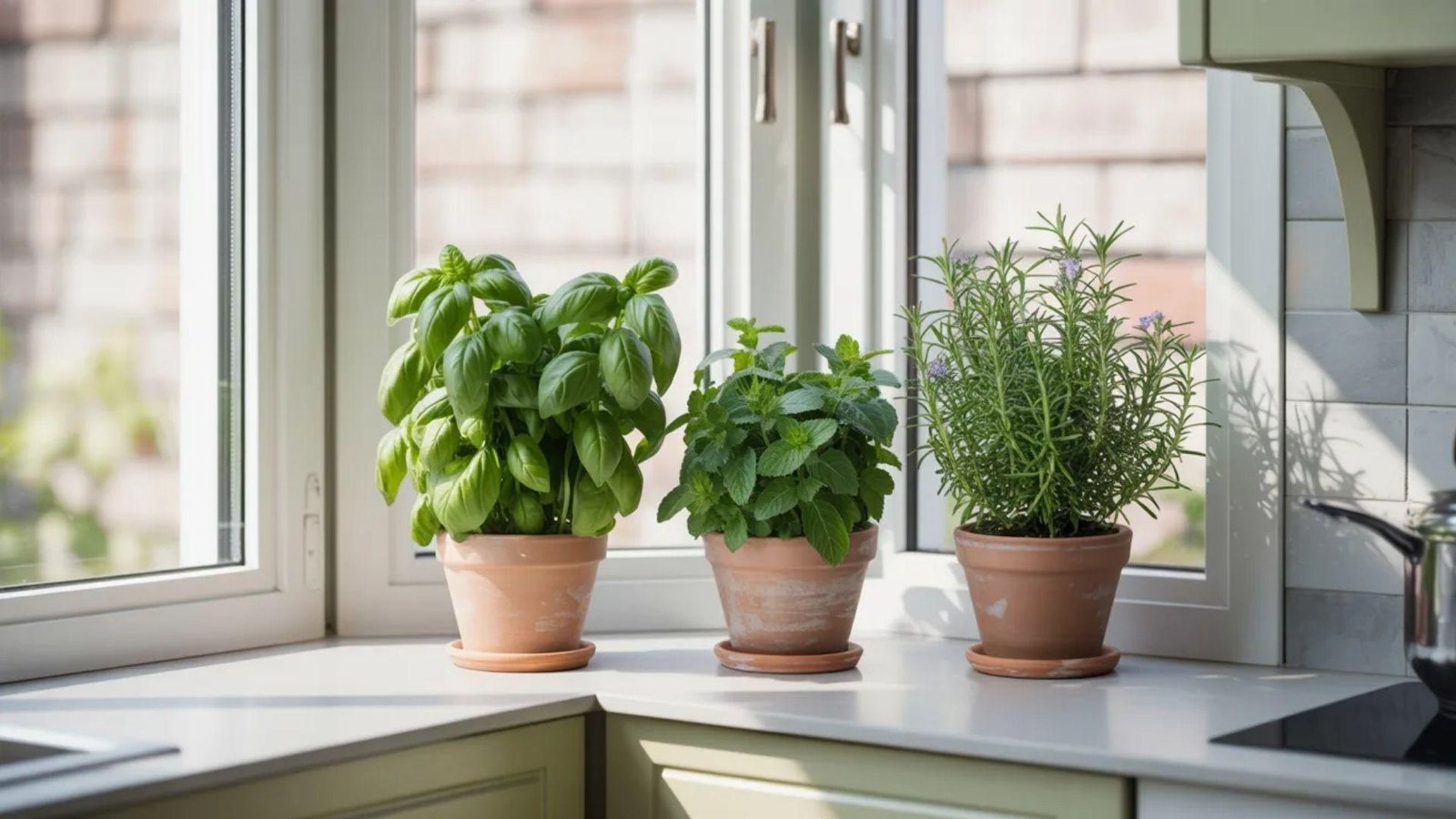 Three potted herbs—basil, mint, and rosemary—sit on a sunlit windowsill in terracotta pots, creating a fresh, vibrant kitchen setting.