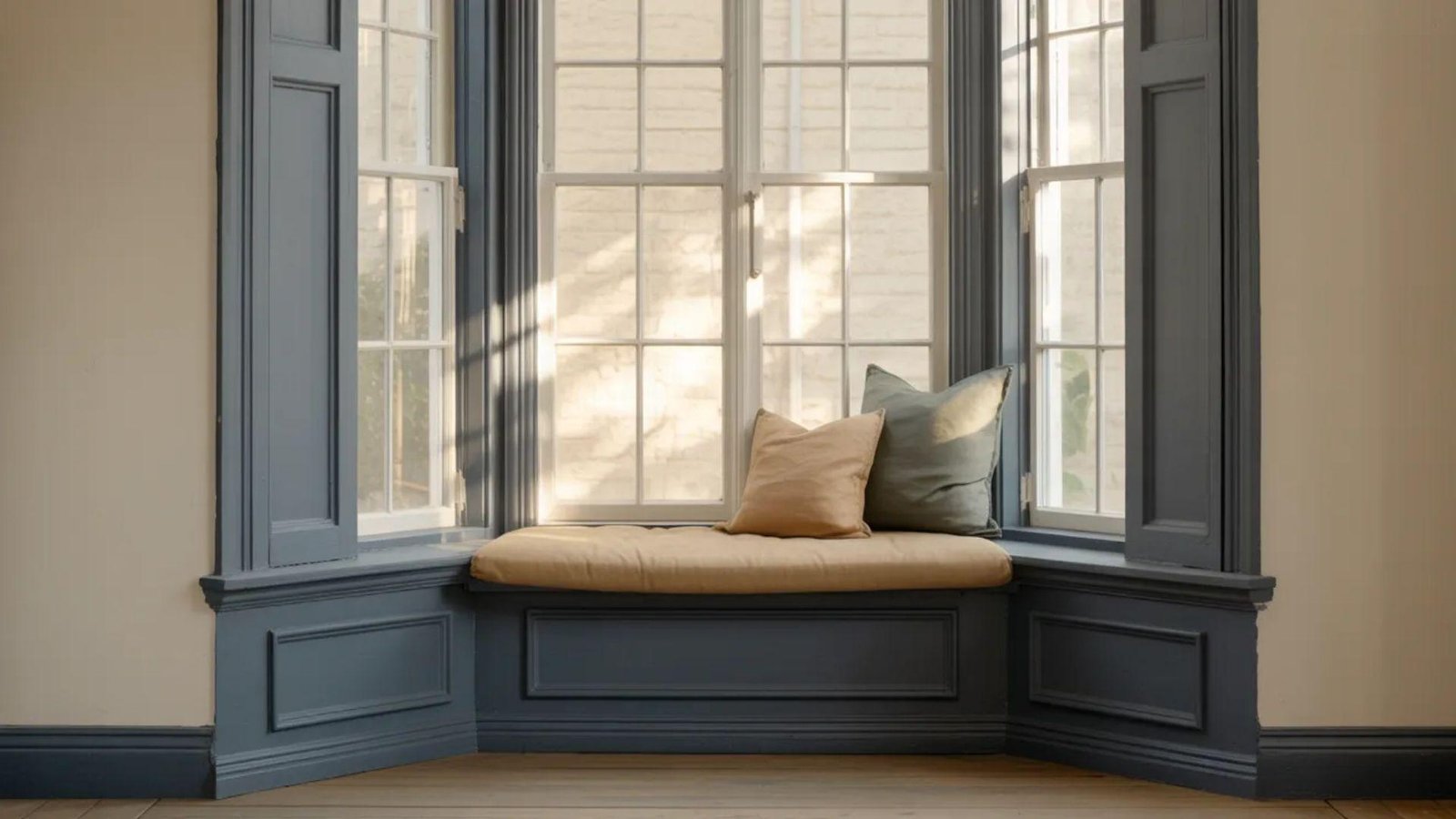 Cozy window nook with soft beige and sage pillows on a cushioned bench. Sunlight filters through white-framed windows, casting warm, inviting shadows.